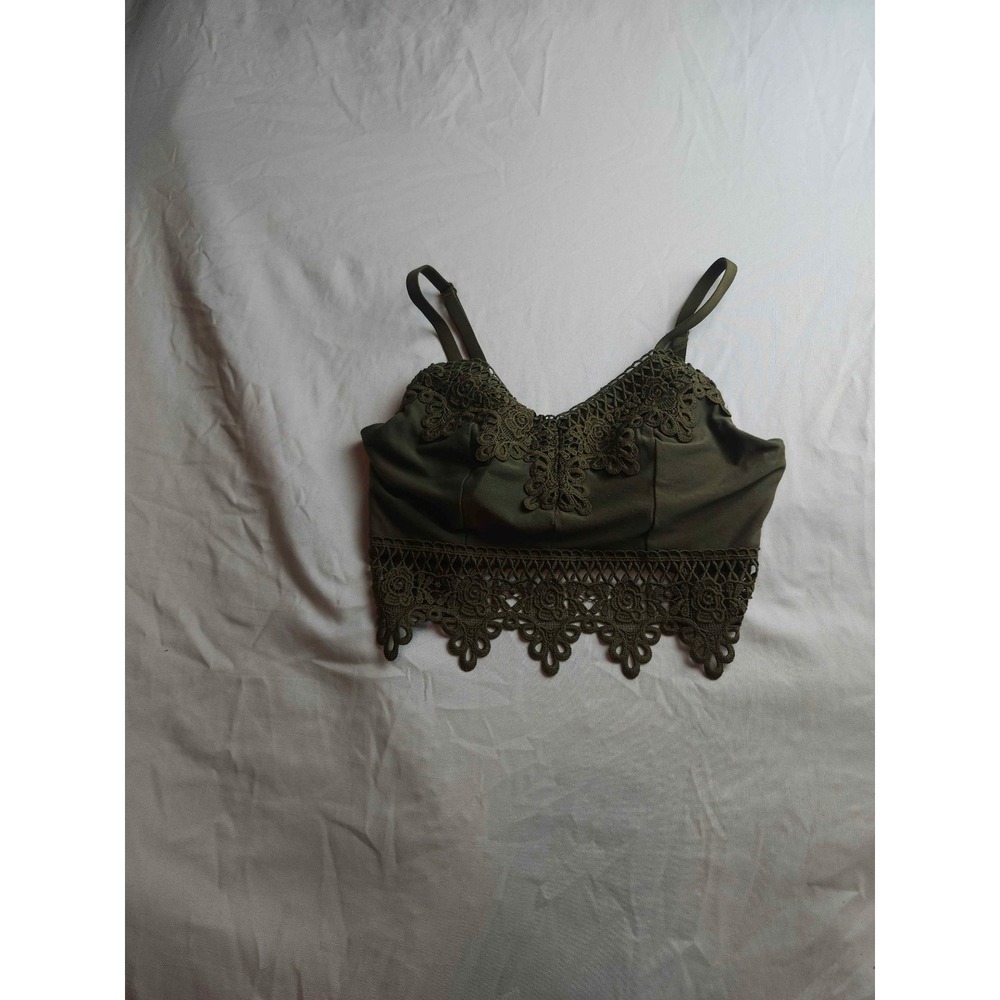 Mudd Womens Olive Green Crochet Lace Trim Crop Top Adjustable Straps XS